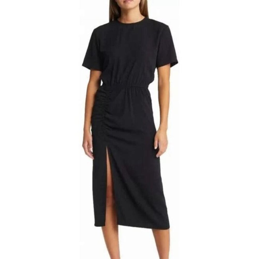 Open Edit Women's Black Ruched Midi Dress With Side Slit